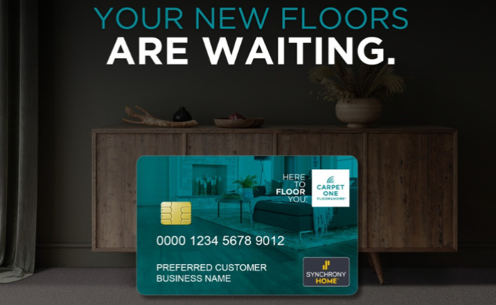 A Carpet One image featuring a credit card with "Your New Floors Are Waiting" text and the Carpet One logo.
