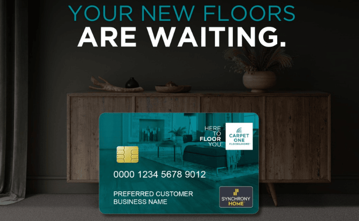 A Carpet One image featuring a credit card with "Your New Floors Are Waiting" text and the Carpet One logo.