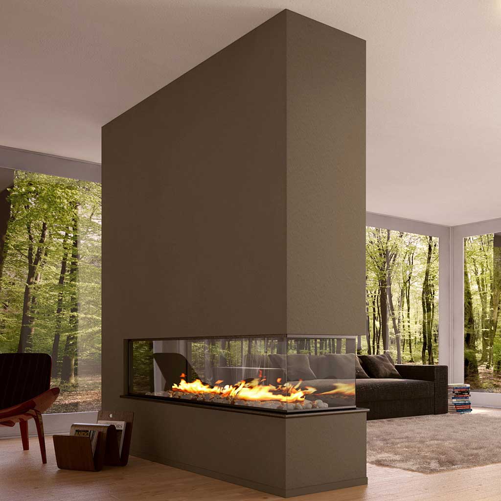 12 Cozy & Beautiful Fireplaces http://www.beautifuldesignmadesimple.com modern wraparound fireplace by Ave Designs